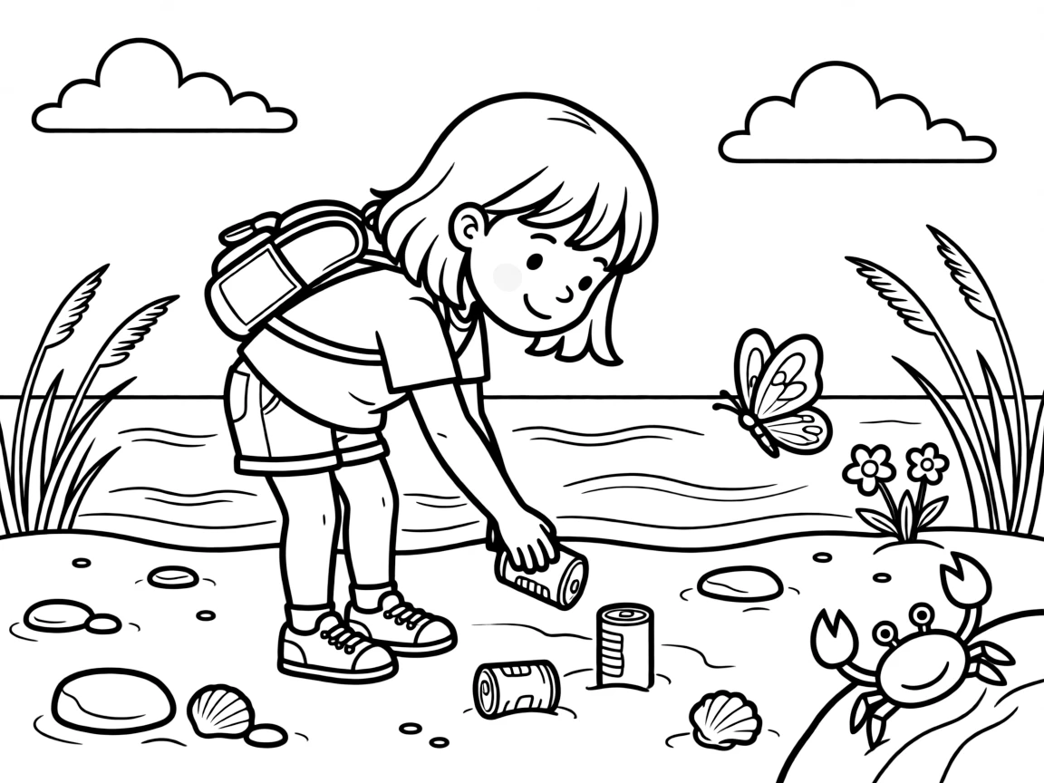 A girl with a backpack collecting cans for recycling at a beach cleanup while a butterfly visits nearby.