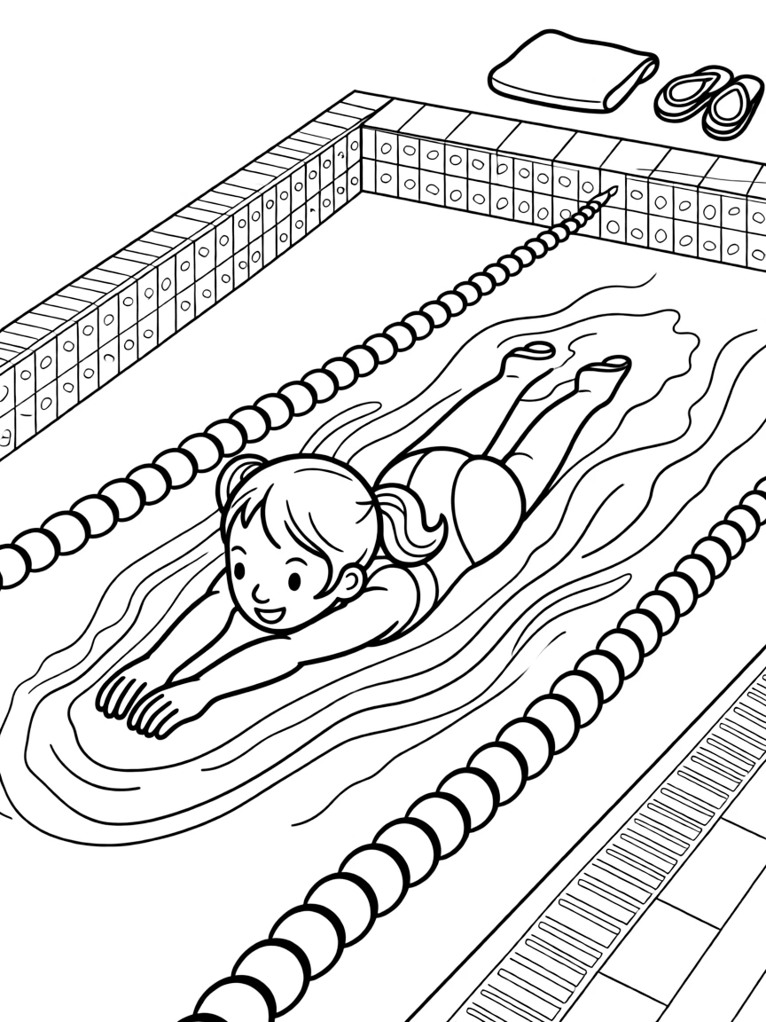 A determined girl with pigtails, swimming freestyle down a lane marked by colorful floating ropes.