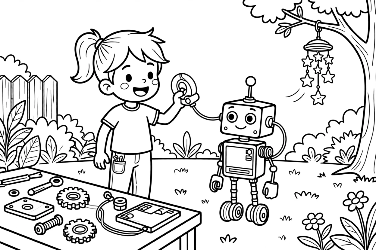 In a floating library filled with holographic books, inventor kid Wren testing a magnet glove building a robot friend from spare parts in a backyard workshop, while a wind chime made of tiny metal stars adds to the excitement.