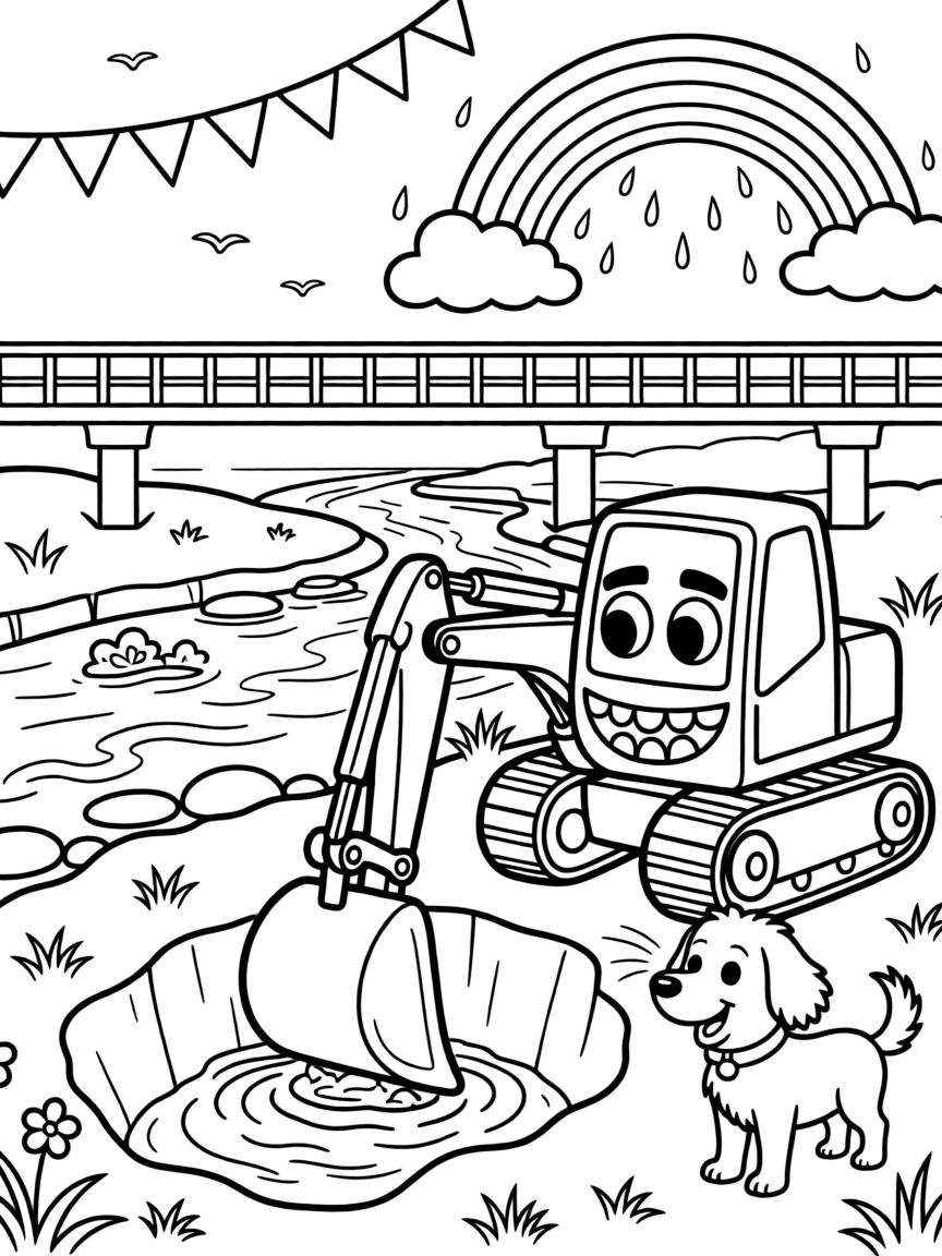 In this scene, a toothy excavator digging a deep trench is the star of a long bridge stretching over a sparkling river, joined by a friendly dog with its ears flapping in the wind, with a string of triangle pennant flags overhead and a rainbow arching across the sky scattered throughout for kids to color.