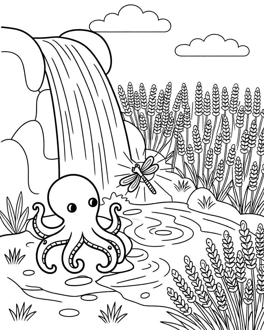 A dragonfly napping in a sunbeam next to a friendly octopus near a waterfall, near a lavender field.