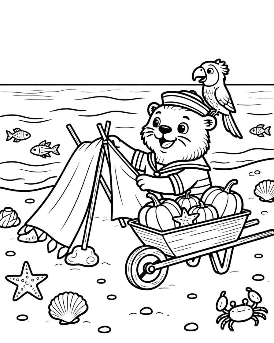 At a tide pool bustling with tiny sea creatures, a jolly sea otter sailor is busy building a blanket fort shaped like a spaceship, cheered on by a wheelbarrow full of freshly picked pumpkins and a chatty parrot perched on one shoulder. Everyone is laughing and having the best time.