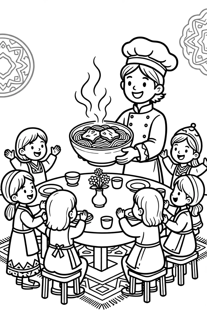 A coloring page of a happy cook in Kazakhstan presenting a bowl of beshbarmak noodles with tender meat, with steam rising and cheerful helpers gathered around the table.