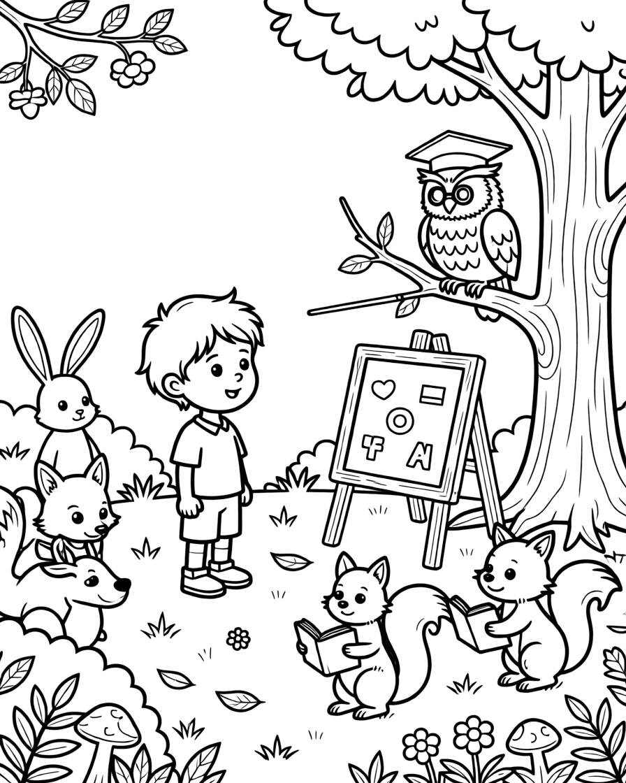 a determined small child meets a wise old owl professor teaching a class of woodland animals.
