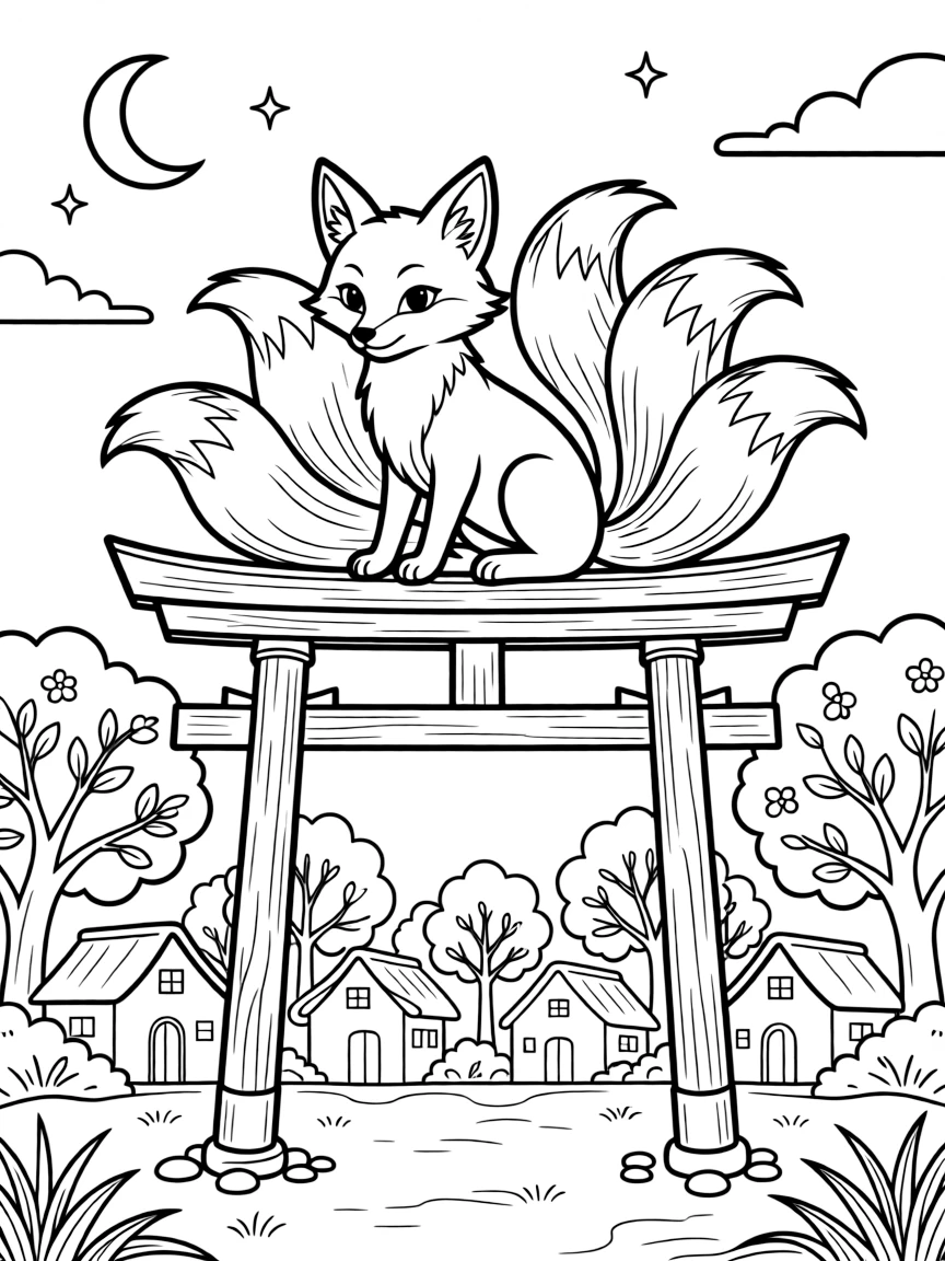 A curious fox spirit with multiple glowing tails watches over a sleeping village from atop a shrine gate at midnight.