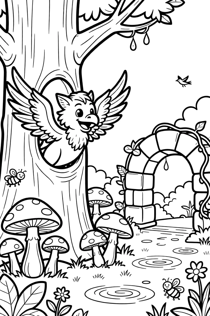 [Fantasy Creatures] a griffin with eagle wings peeking out from a hollow tree within a glowing mushroom grove, laughing joyfully. Nearby, an old stone archway stands nearby. Twisting vines and roots add texture. The scene is captured during a bright summer day, with a light drizzle just ending, giving the page a lively and adventurous feel that invites plenty of colorful detail.