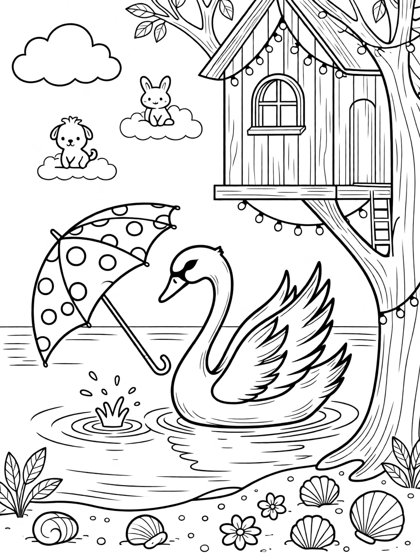 A graceful swan gliding on the water is splashing through puddles with a polka-dot umbrella inside a cozy treehouse strung with fairy lights. Close by, fluffy clouds shaped like little animals and glittering seashells scattered on the sand round out the happy picture.
