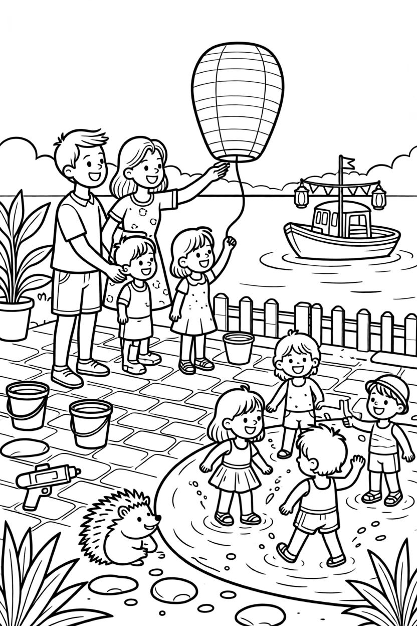 A family releasing a lantern onto calm water in a courtyard where buckets and water guns are ready for play, with a plump little hedgehog playing close by amid a group of friends laughing and splashing and a decorated boat gliding past.