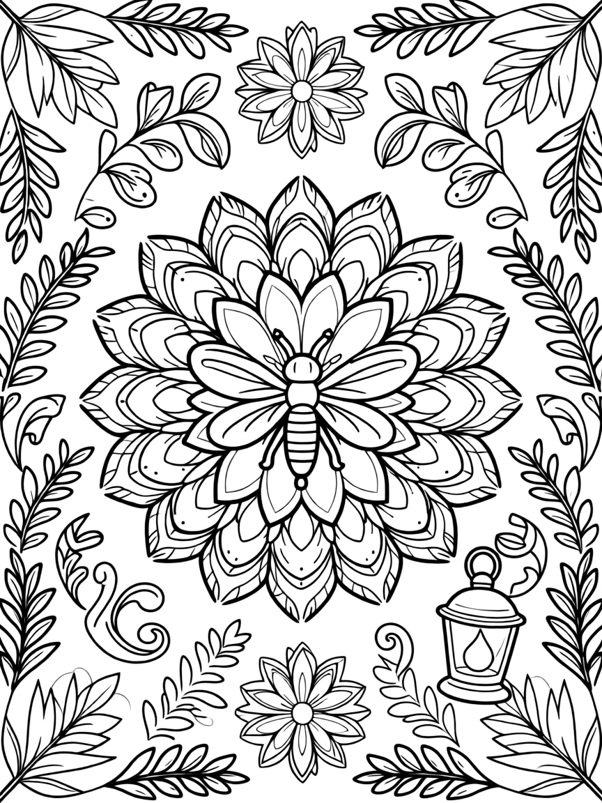 Insects & Bugs: The page presents a small themed scene built around a firefly glowing at the tip of its tail, tied together by a blooming flower-shaped mandala with layered petal rings. The scene is positioned in the middle of a balanced layout, with smaller matching details arranged above and below. Decorative details fill the surrounding space, including layered leaf clusters, curling paisley teardrops, and curling fern-frond shapes woven throughout the background. A playful extra touch completes the page: a little lantern glowing softly in one corner of the pattern.