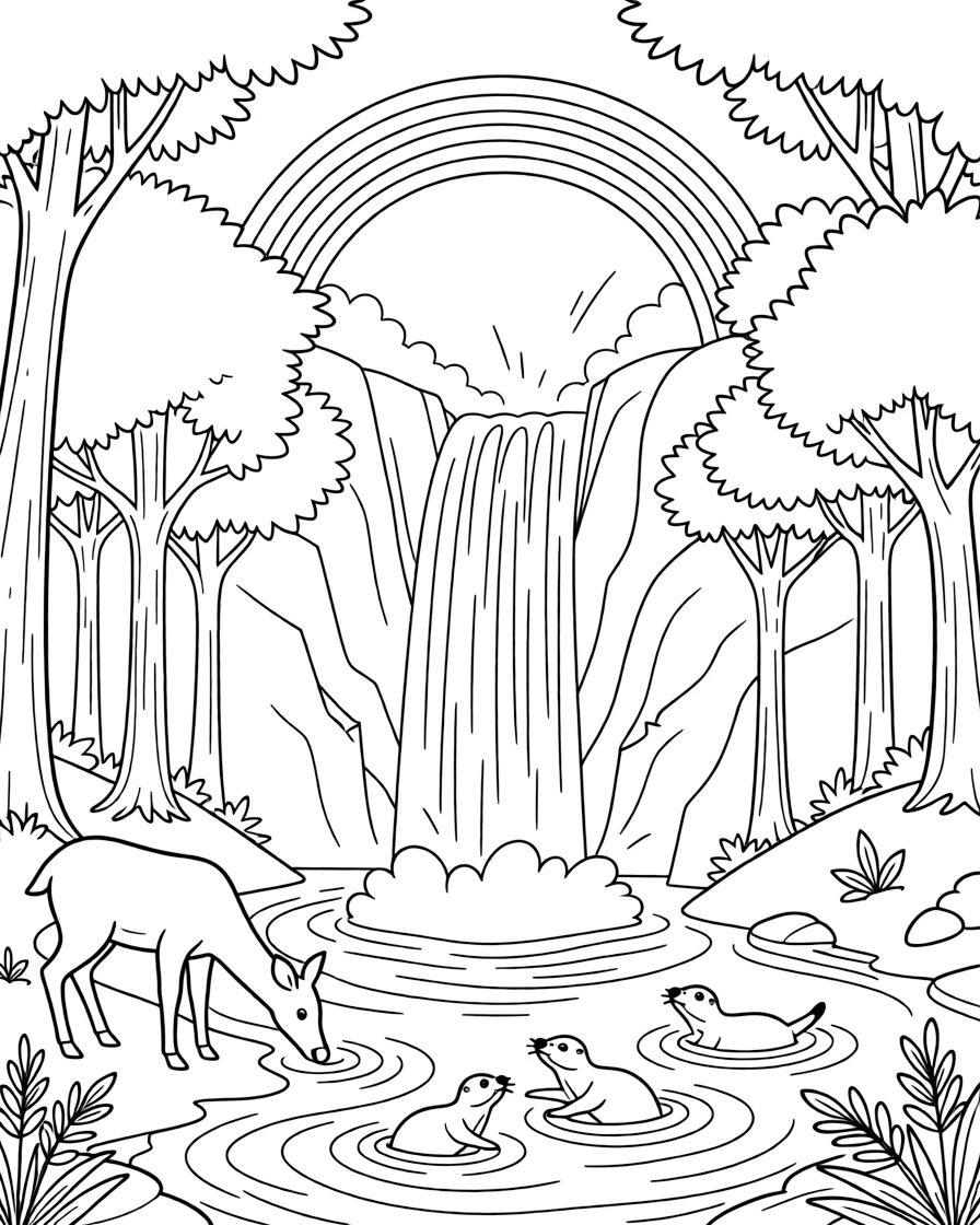 [Waterfalls] A family of deer drinks from the misty pool at the base of a tall forest waterfall. A family of otters plays in the swirling water at the base of the falls. A rainbow arcs through the mist above the pool, framed by tall trees and jagged rocks. Sunlight breaks through the canopy, sparkling on the mist rising from the crashing water.