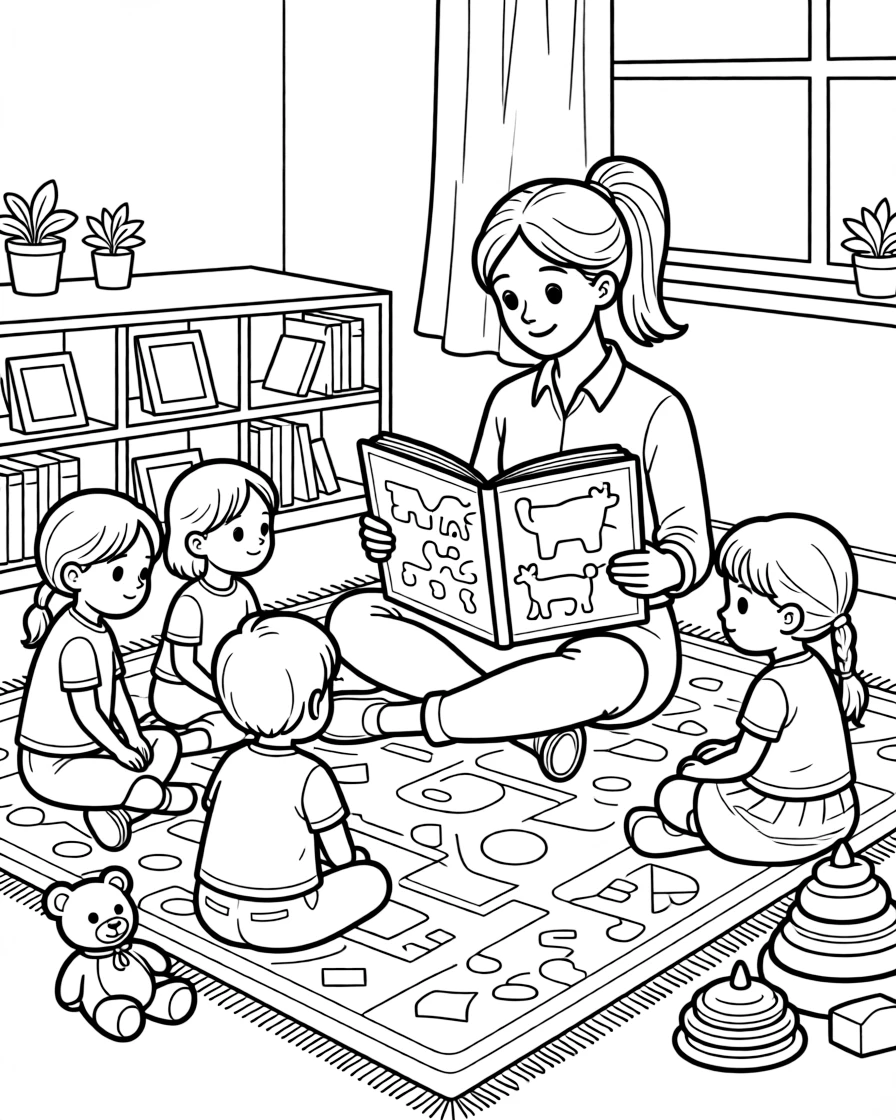 A preschool teacher reads a picture book aloud to children sitting on a colorful rug.