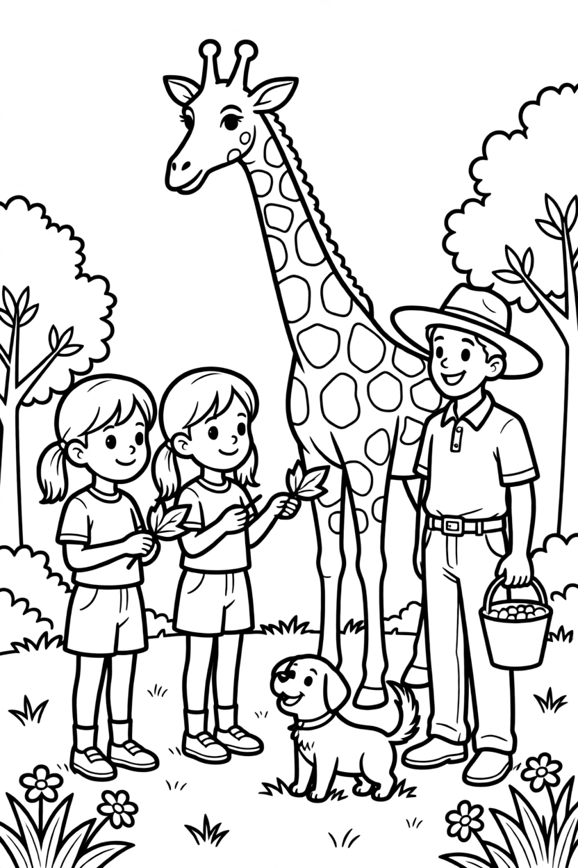 Twin sisters helping feed a giraffe with a zookeeper while a friendly dog wags its tail.
