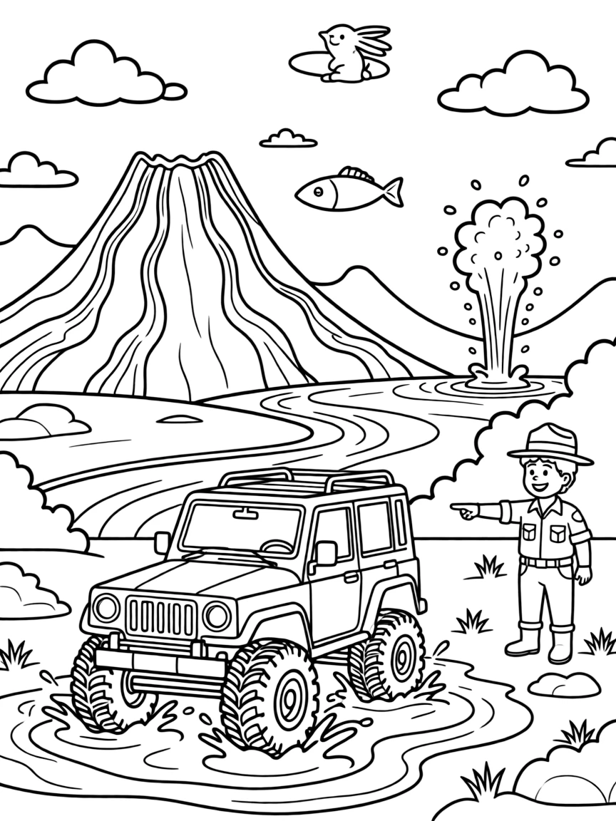 In this scene, a rugged all-terrain vehicle splashing through a mud puddle is the star of a rumbling volcano region with rivers of glowing lava in the distance, joined by a park ranger pointing out something in the distance, with fluffy clouds shaped like animals drifting overhead and a bubbling geyser shooting up in the distance scattered throughout for kids to color.