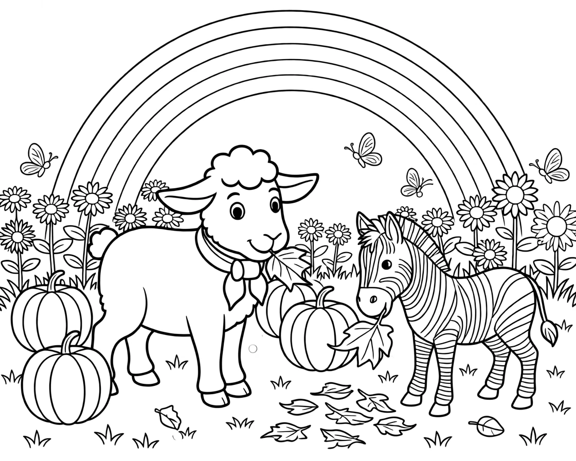 A lamb in a pumpkin patch in October, helping gather fallen leaves with a zebra foal, next to a field of wildflowers, while a rainbow arches overhead.