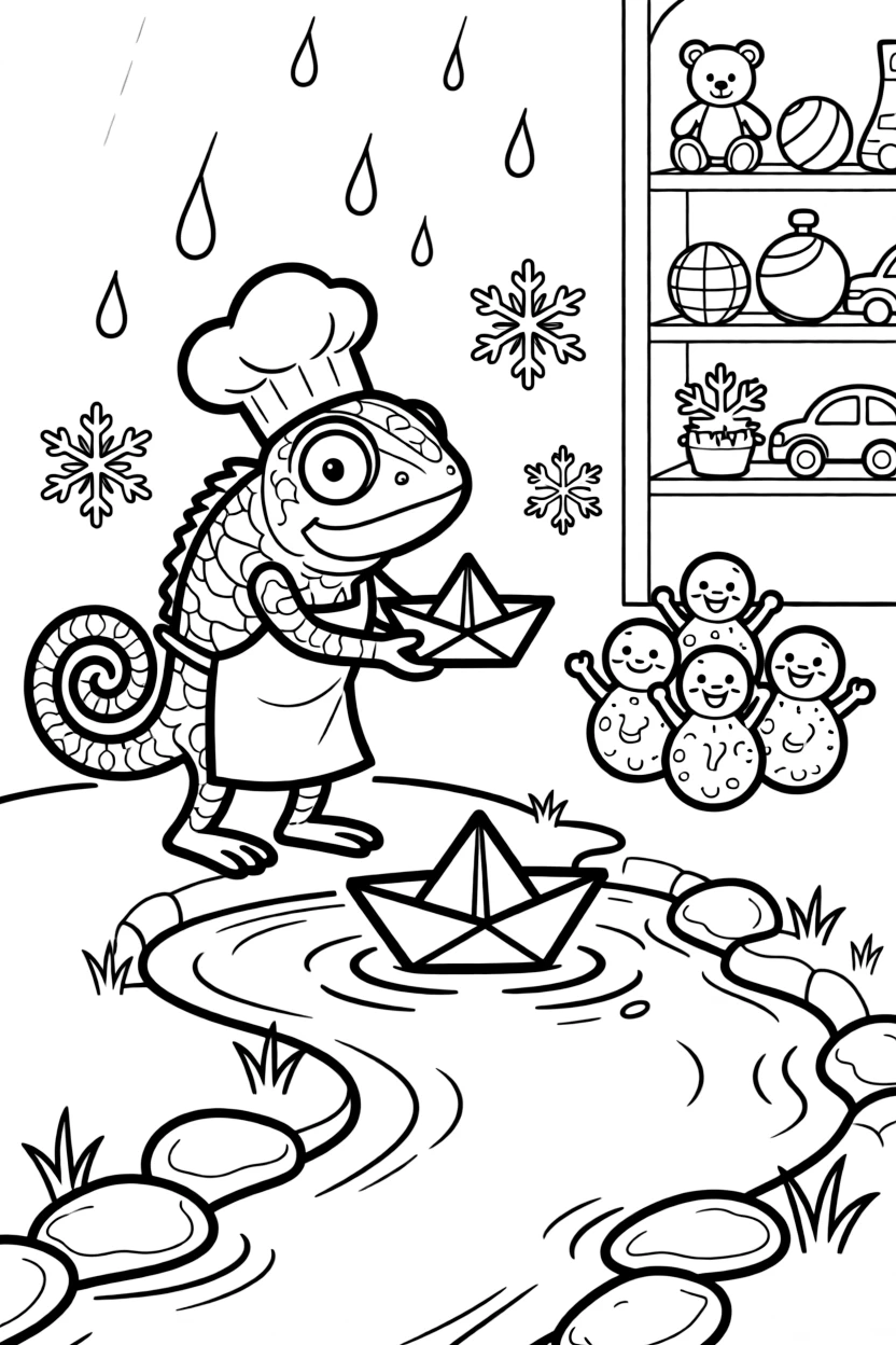 In a toy store after the lights go out, a silly chameleon chef discovers the joy of sailing a paper boat down a rain-puddle river, while sparkling snowflakes drifting down all around watches happily nearby. Everyone claps and cheers at the happy sight.