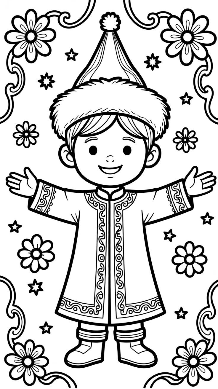 A coloring page portrait celebrating Kazakhstan, showing a child wearing an embroidered chapan robe and a pointed fur hat, standing proudly with arms outstretched and a warm smile, surrounded by simple decorative patterns.
