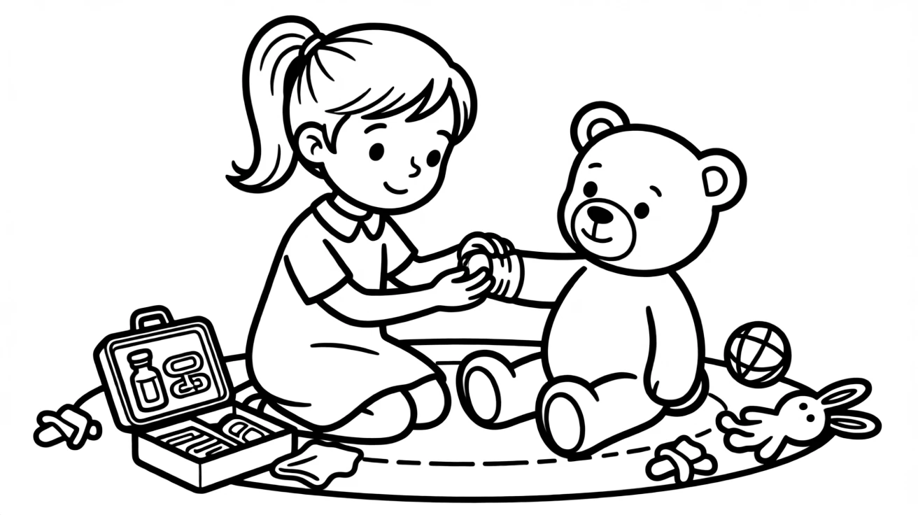 a thoughtful young girl bandages a stuffed teddy bear's paw during a veterinarian role-play.