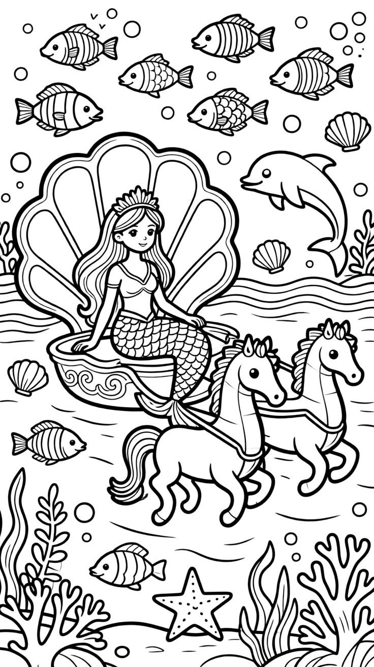 A mermaid princess rides a seahorse-drawn chariot through an underwater parade, fish and dolphins swimming alongside in celebration.