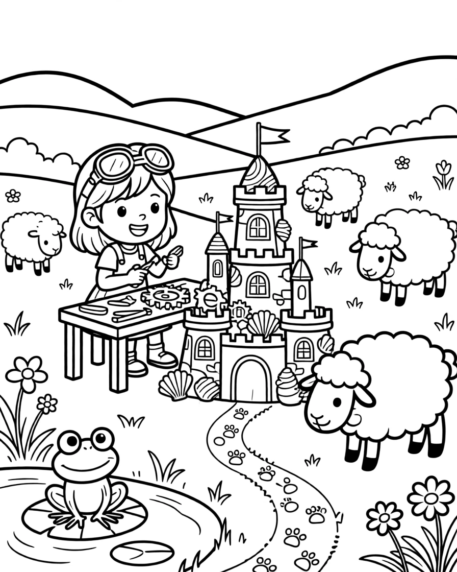 A girl inventor tinkering with gears is building a tall sandcastle decorated with seashells in a meadow where fluffy sheep graze. Scattered nearby, a friendly frog perched on a lily pad and a trail of tiny paw prints leading away add to the delightful moment.