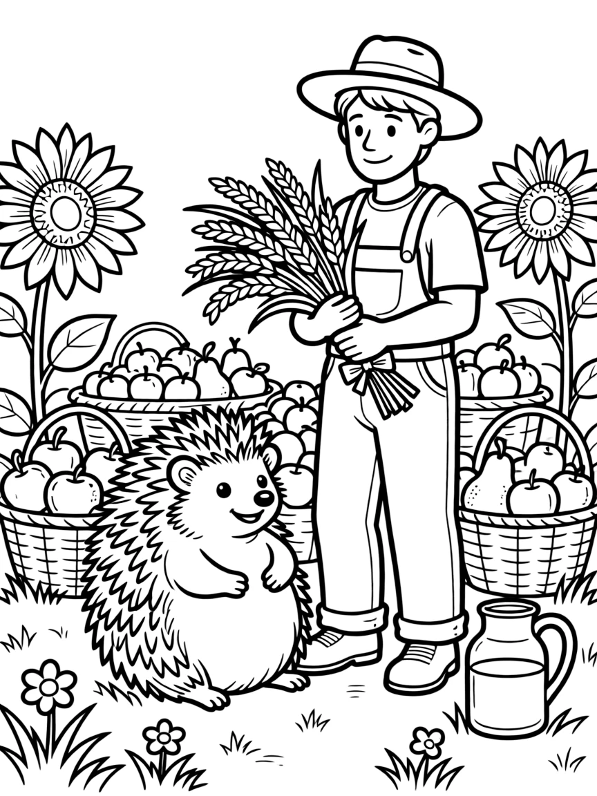 A plump little hedgehog sitting beside a farmer carrying bundles of golden rice stalks in an orchard where baskets are filled with just-picked fruit, with sunflowers nodding at the field's edge and a jug of fresh apple cider scattered about.