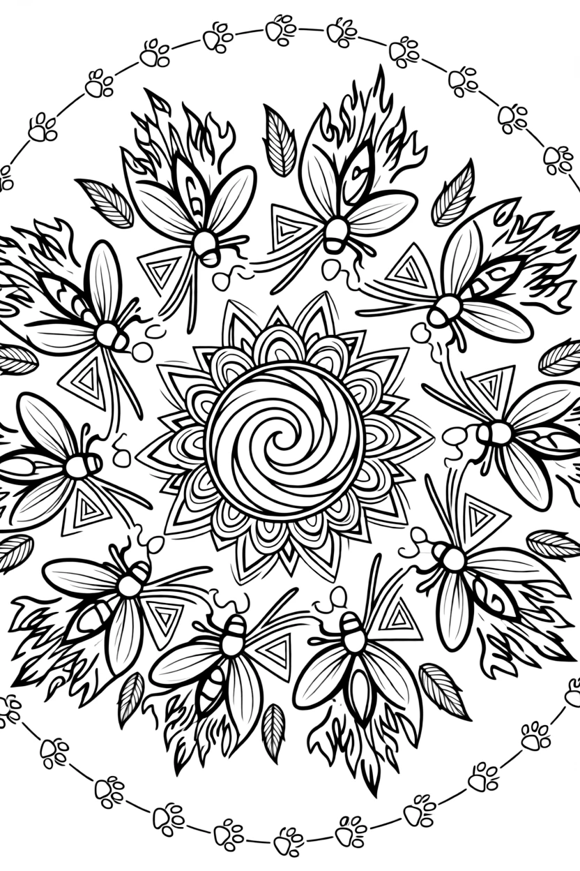 Insects & Bugs: The design turns a firefly glowing at the tip of its tail into a kaleidoscope-style composition anchored by a spiral mandala that winds gently from center to edge. The imagery is multiplied into a circular burst of matching pieces that rotate evenly around the page's center point. Decorative details fill the surrounding space, including flame-shaped tips curling upward, nested triangle shapes, and fanned feather plumes woven throughout the background. A playful extra touch completes the page: a trail of small paw prints wandering along the outer edge.