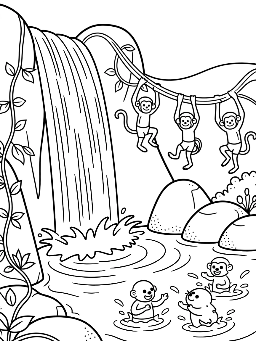 [Waterfalls] A group of monkeys swing from vines near a tall waterfall crashing into a turquoise pool. A family of otters plays in the swirling water at the base of the falls. Moss-covered boulders and tangled vines surround the base of the roaring waterfall. The steady rush of falling water fills the air beneath a bright, clear sky.