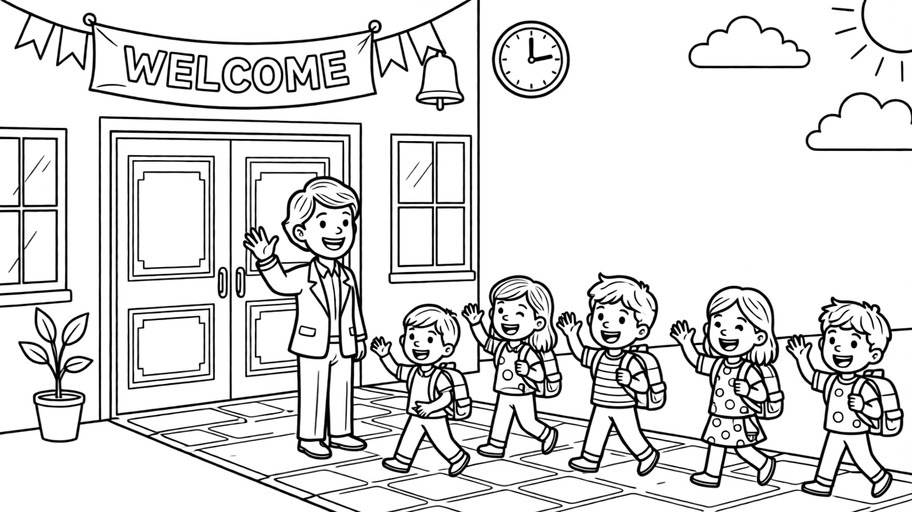 A school principal welcomes students at the front doors on the first day of school.
