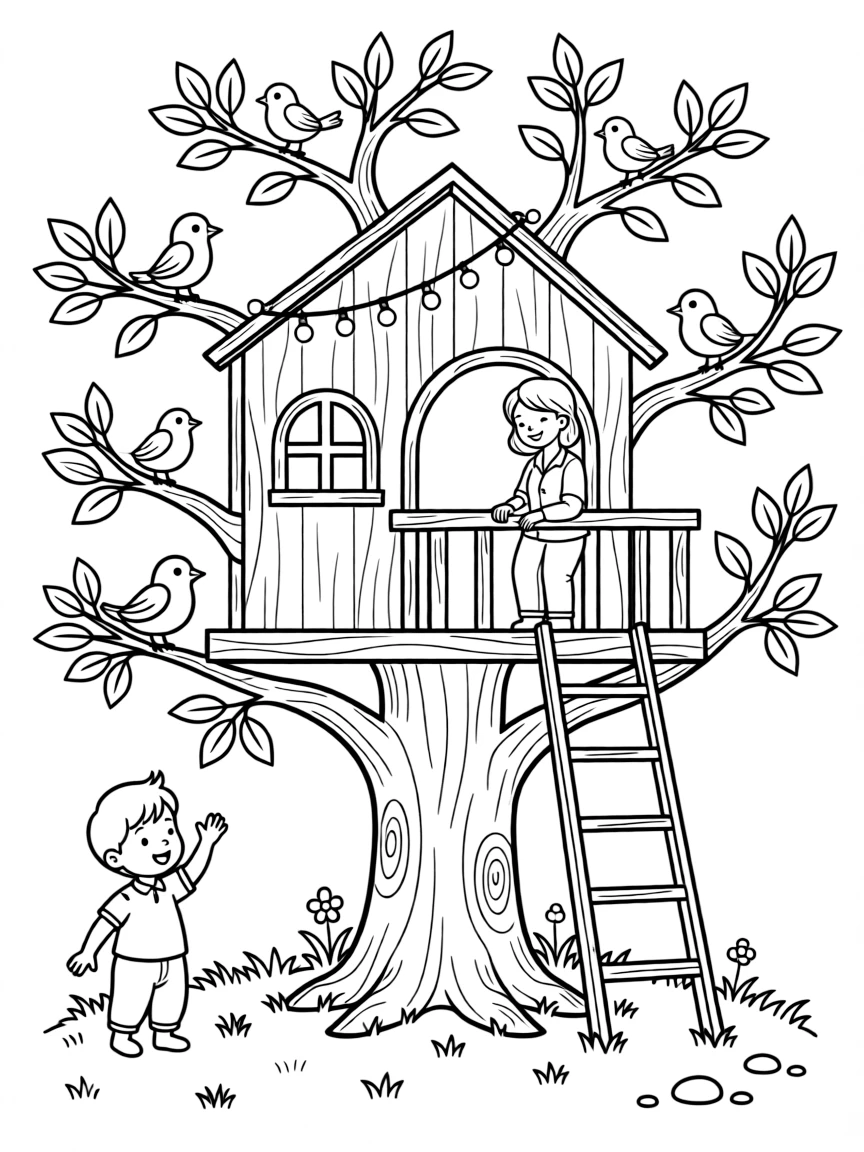 A toddling baby waving at birds with an aunt in a treehouse with string lights twinkling overhead.