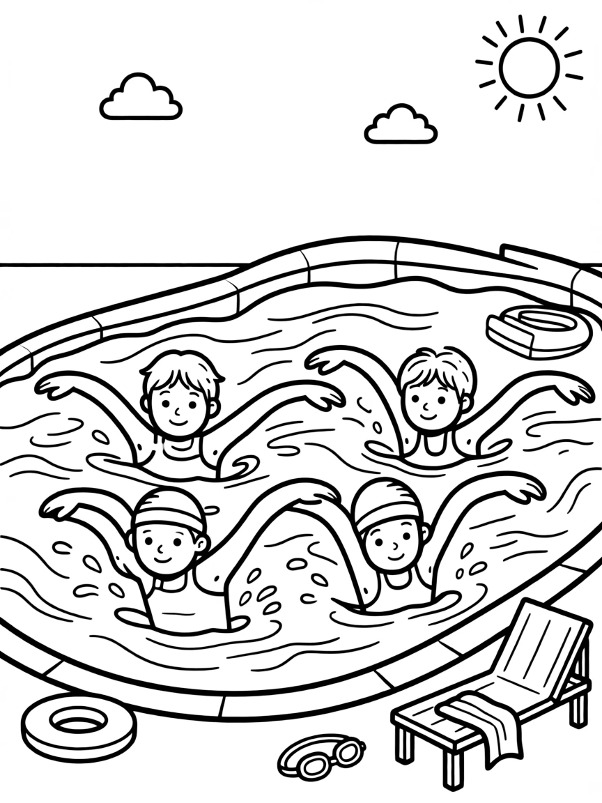 A team of neighborhood kids, doing the butterfly stroke, arms arcing gracefully above the pool's surface.