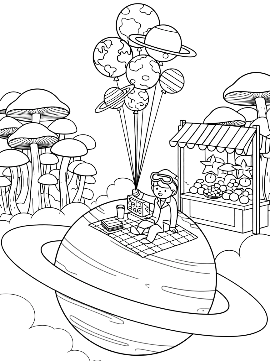 Inventor kid Comet testing a mini weather machine hosting a picnic on the rings of a giant purple planet near a jungle of giant glowing mushrooms on a misty alien world, surrounded by a cluster of balloons shaped like planets and a busy market stall selling glowing fruit.
