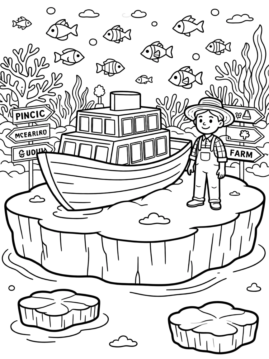 An icebreaker ship crunching through arctic ice floes takes center stage in a coral reef bursting with fish beneath clear blue water, where a friendly farmer tipping his straw hat can be seen nearby, surrounded by road signs pointing toward fun destinations.