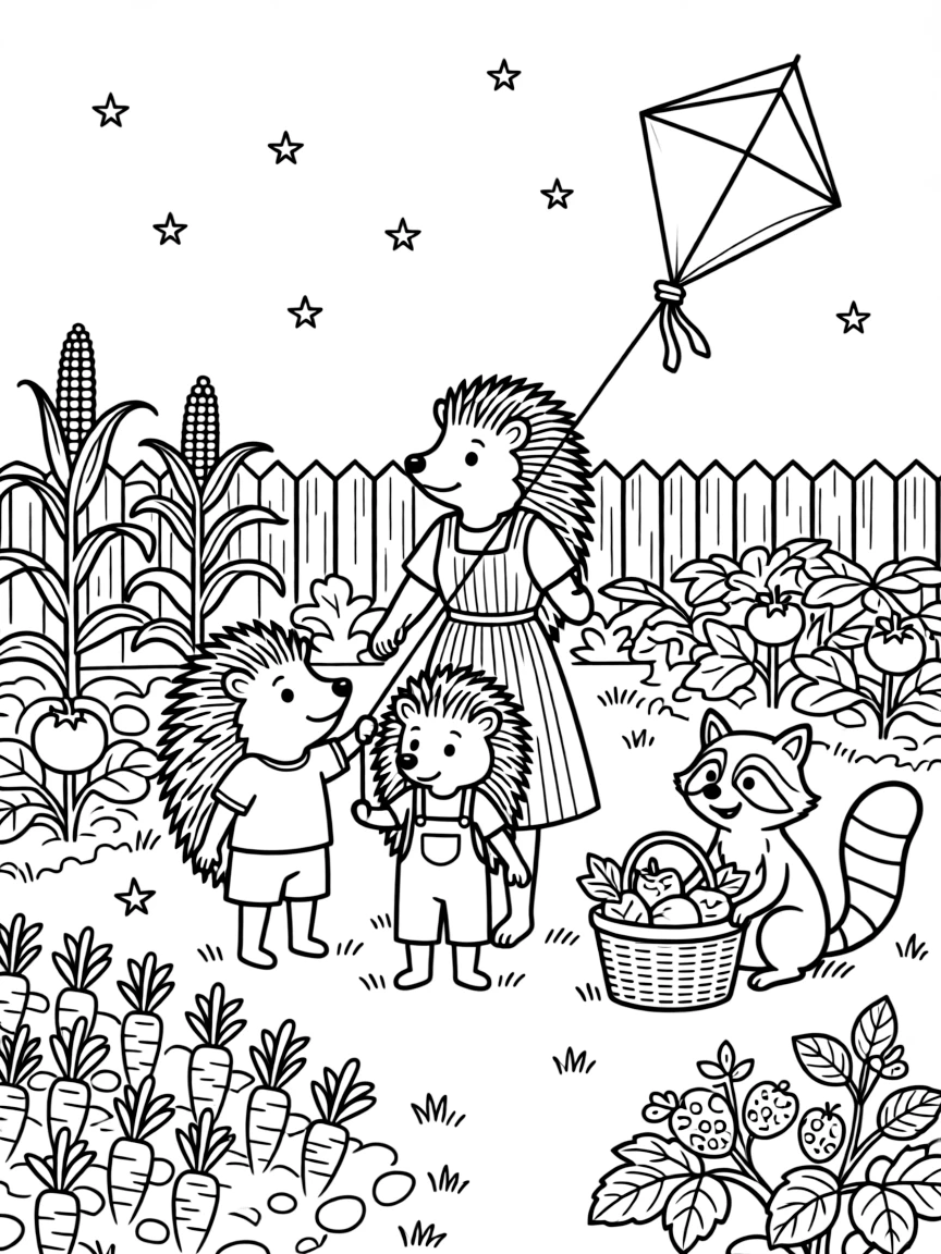 A family of hedgehogs flying a kite with a raccoon in a backyard vegetable garden, near a patch of wild strawberries, as stars begin to twinkle above.