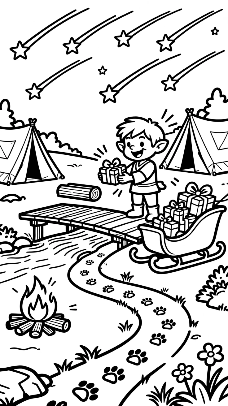 Proud and full of excitement, a tiny troll bridge-keeper spends the day delivering presents from an overflowing sleigh at a campsite under a sky full of shooting stars. Nearby, a trail of paw prints leading into the distance adds to the fun. Little cheers of excitement fill the air.