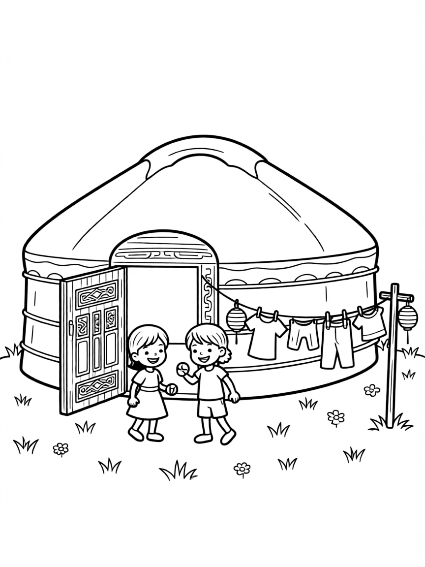 A coloring page featuring a round felt yurt with a decorated wooden frame door in Kazakhstan, with children playing just outside the door and laundry or lanterns strung nearby.