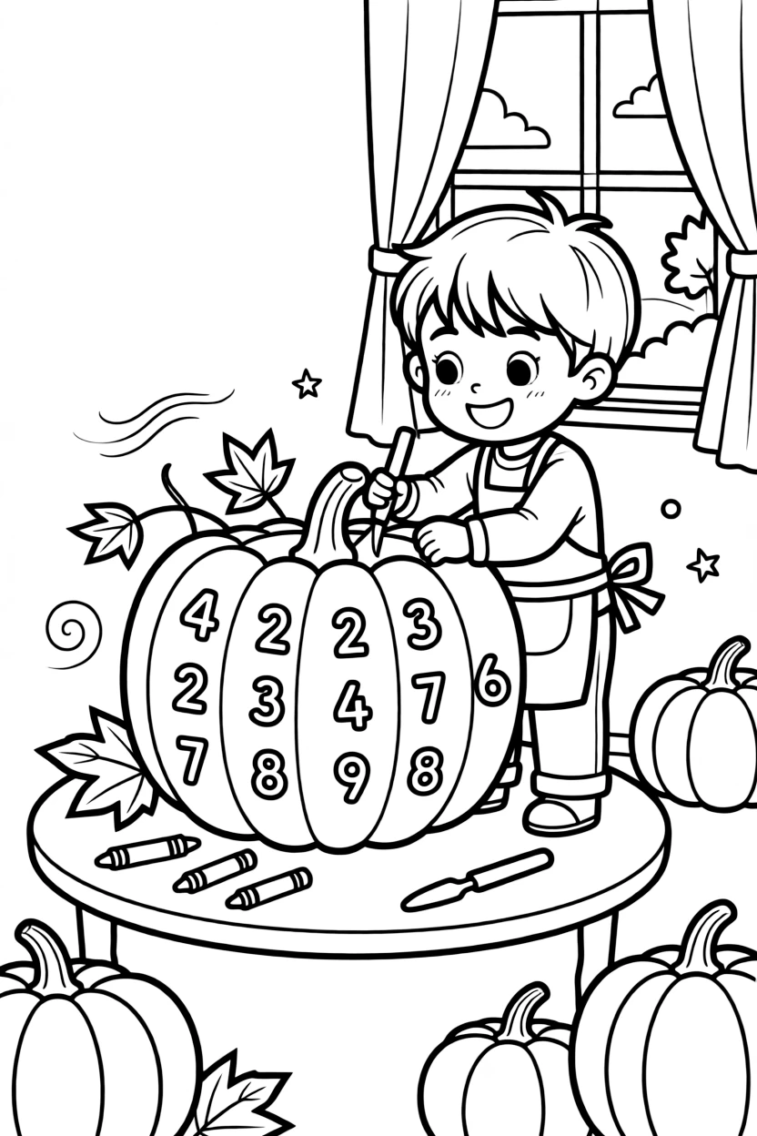 an excited small child carves a pumpkin into the shape of a friendly counting chart.