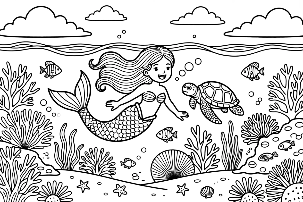 [Underwater Adventures] a mermaid swimming among the fish swimming alongside a friendly sea turtle around a vibrant coral reef, smiling proudly, while coral in every shape and color decorates the seafloor fills the surrounding area. Bubbles trail upward from the diver's gear. Set in the late afternoon, with fluffy clouds drifting overhead, the page bursts with adventure and imagination.