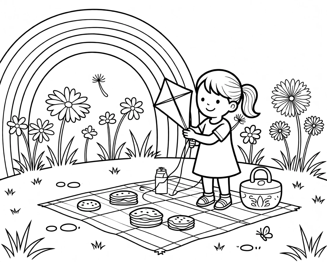 A girl kite-maker gluing colorful paper wings is setting out a picnic blanket dotted with treats beside a rainbow arching after the rain. wildflowers swaying gently in the wind and floating dandelion seeds catching the light add a playful, cheerful touch.