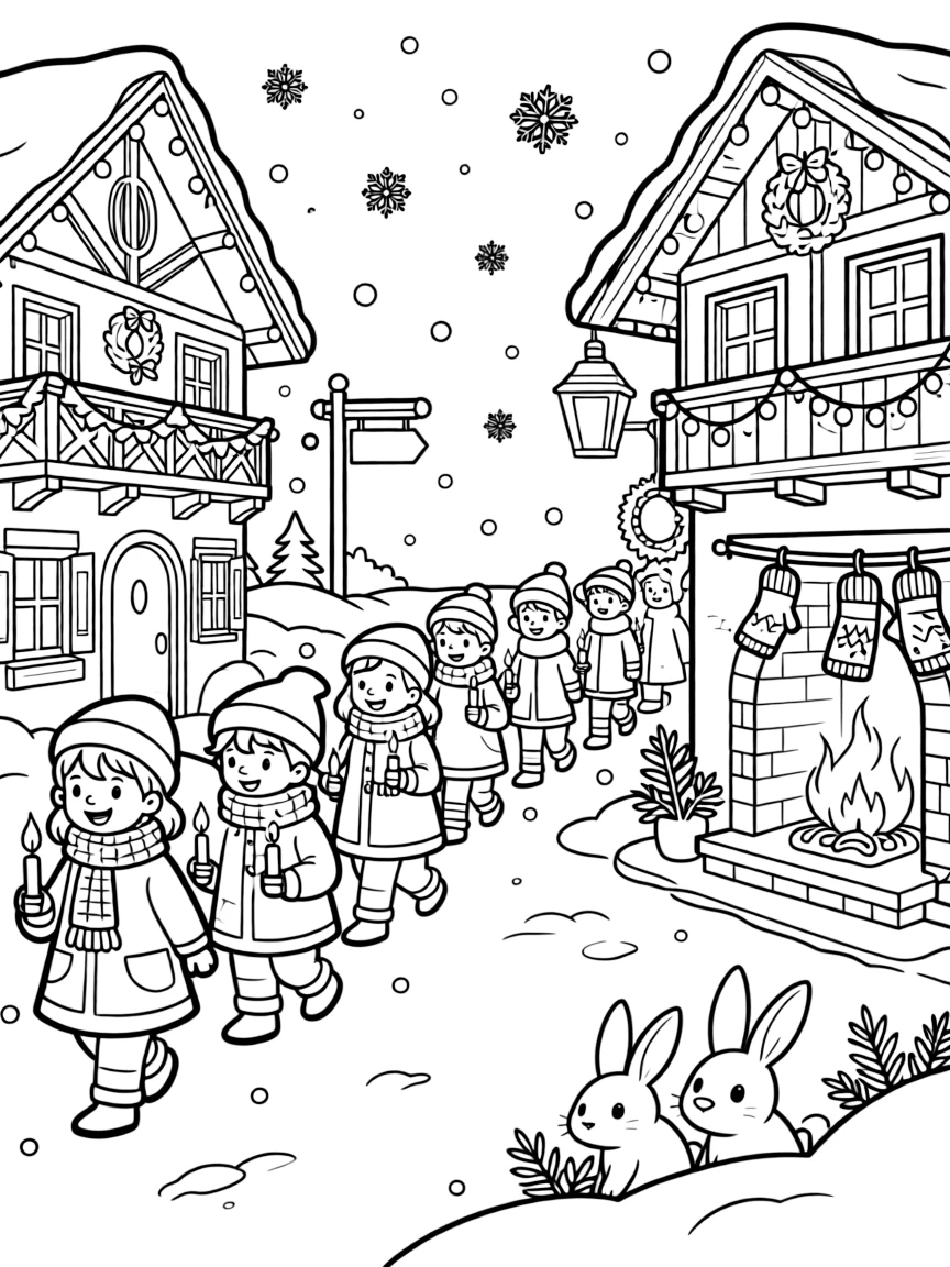 A close-up of a candlelit procession walking through a decorated street in a mountain chalet surrounded by drifting snowflakes, surrounded by a pair of mittens drying by the fire and a family of snow-covered rabbits.