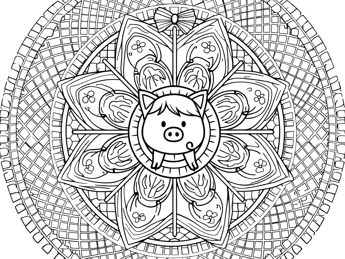 Farm Animals: The main subject is a round pig with a curly tail, drawn as the focal point of a sunburst mandala with rays spreading evenly outward. It is set at the core of the page, with the pattern unfolding outward in eight matching symmetrical segments. Decorative details fill the surrounding space, including rows of small square tiles, a grid of lattice diamonds, and clusters of round bubbles woven throughout the background. A playful extra touch completes the page: a small ribbon bow tied neatly at the top of the design.