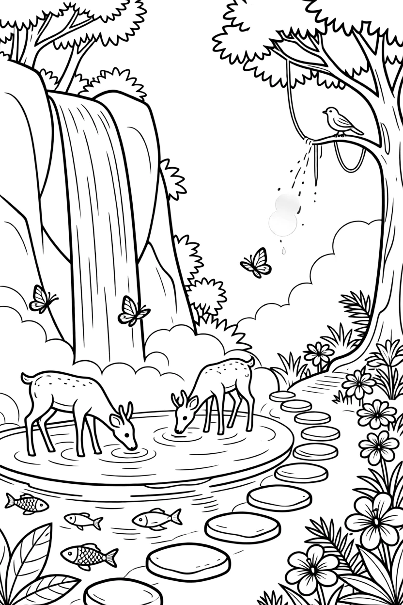 [Waterfalls] A family of deer drinks from the misty pool at the base of a tall forest waterfall. Butterflies drift through the mist while fish dart through the clear pool below the falls. Smooth stepping stones cross the pool below, leading toward a path lined with tropical flowers. A cool spray drifts through the warm jungle air as birds call from the treetops.