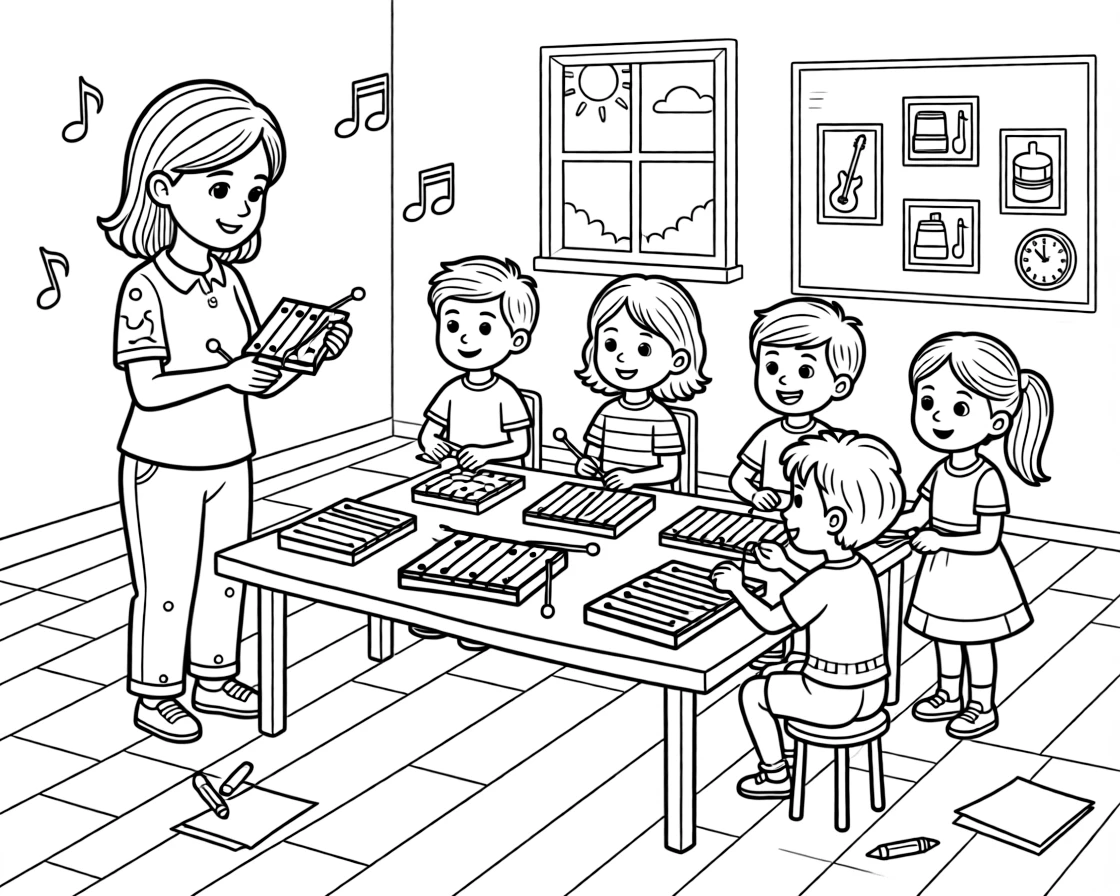 A music teacher hands out small xylophones to a class of eager kids.