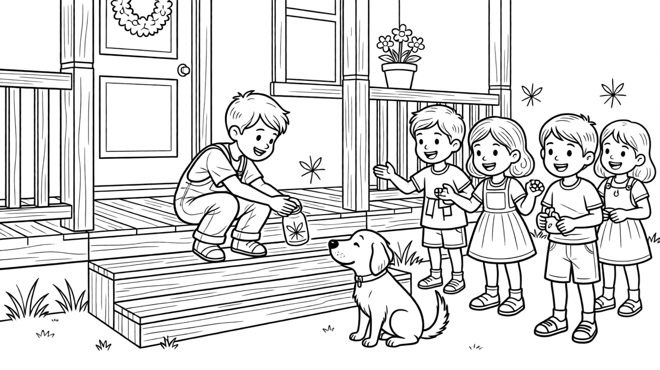 A boy in overalls catching fireflies with a whole class of friends on the front porch steps while a friendly dog wags its tail.