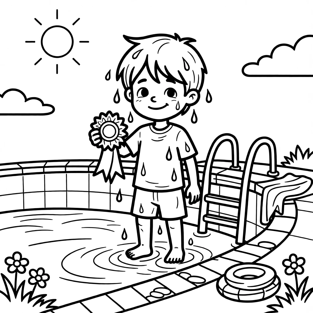 A shy new student, climbing out of the pool dripping wet, holding up a shiny first-place ribbon.