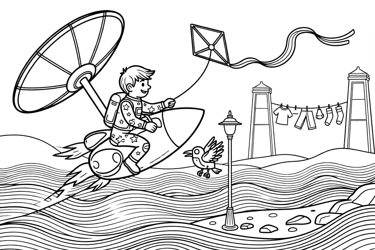 Space Ranger Circuit, a young space explorer in a starry spacesuit riding a jetpack to retrieve a kite stuck on a satellite dish, in a beach on a red planet with waves of shimmering dust, with a robotic bird perched on a lamp post and a line of laundry fluttering between two towers nearby.