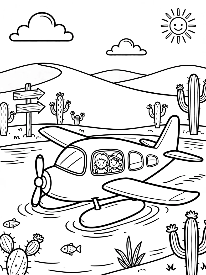 A big, friendly a seaplane landing gently on a glassy lake rolls through a golden desert dotted with cacti and distant sand dunes, with twin siblings pressing their faces to the window enjoying the ride and an old wooden signpost pointing to faraway towns adding a playful touch.