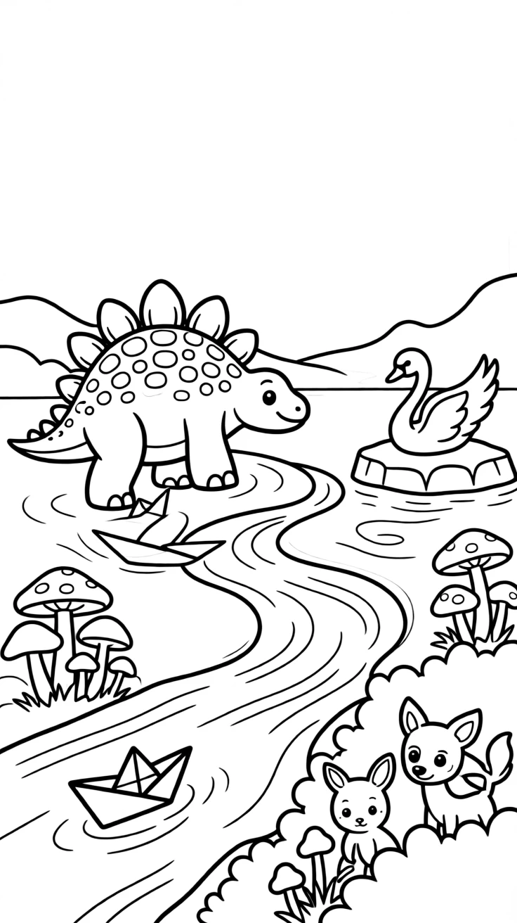 A friendly stegosaurus floating paper boats down a stream with a swan on an iceberg in the arctic sea, near a cluster of colorful mushrooms, while baby animals peek out from the bushes.