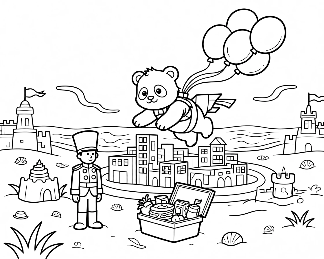 At the beach among sandcastles and seashell forts, a sturdy panda cub is busy flying over the city in a jetpack made of balloons, cheered on by a wind-up toy soldier standing at attention and a picnic basket overflowing with treats. A gentle breeze carries the sound of joyful laughter.