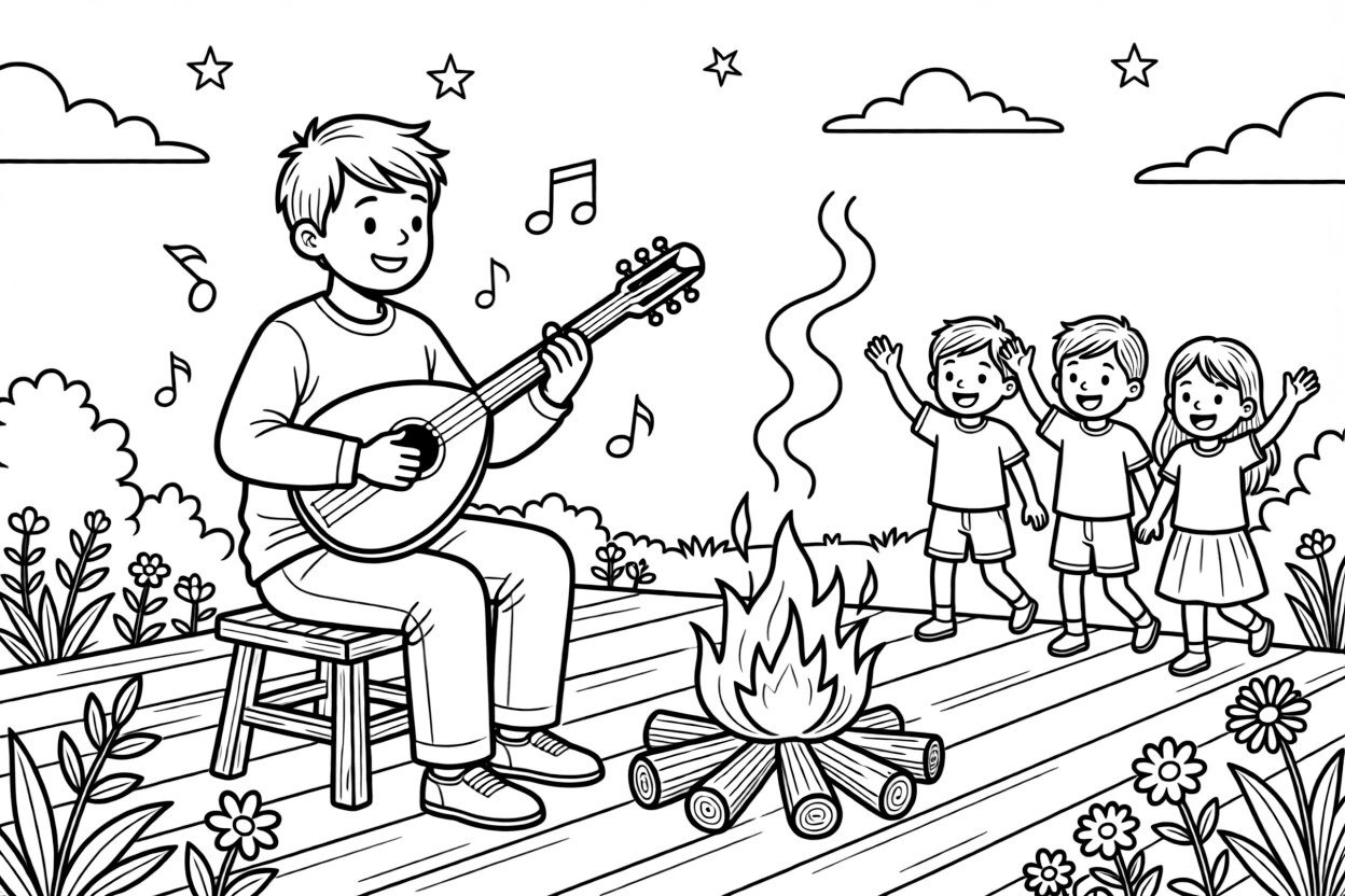 A coloring page capturing a musician playing a two-stringed dombra by a campfire from Kazakhstan, set on an outdoor stage with cheerful onlookers waving and swaying along.