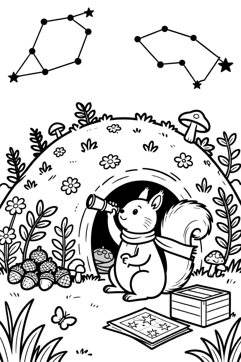 a cheerful a squirrel studies constellations from a hilltop burrow with a tiny telescope.