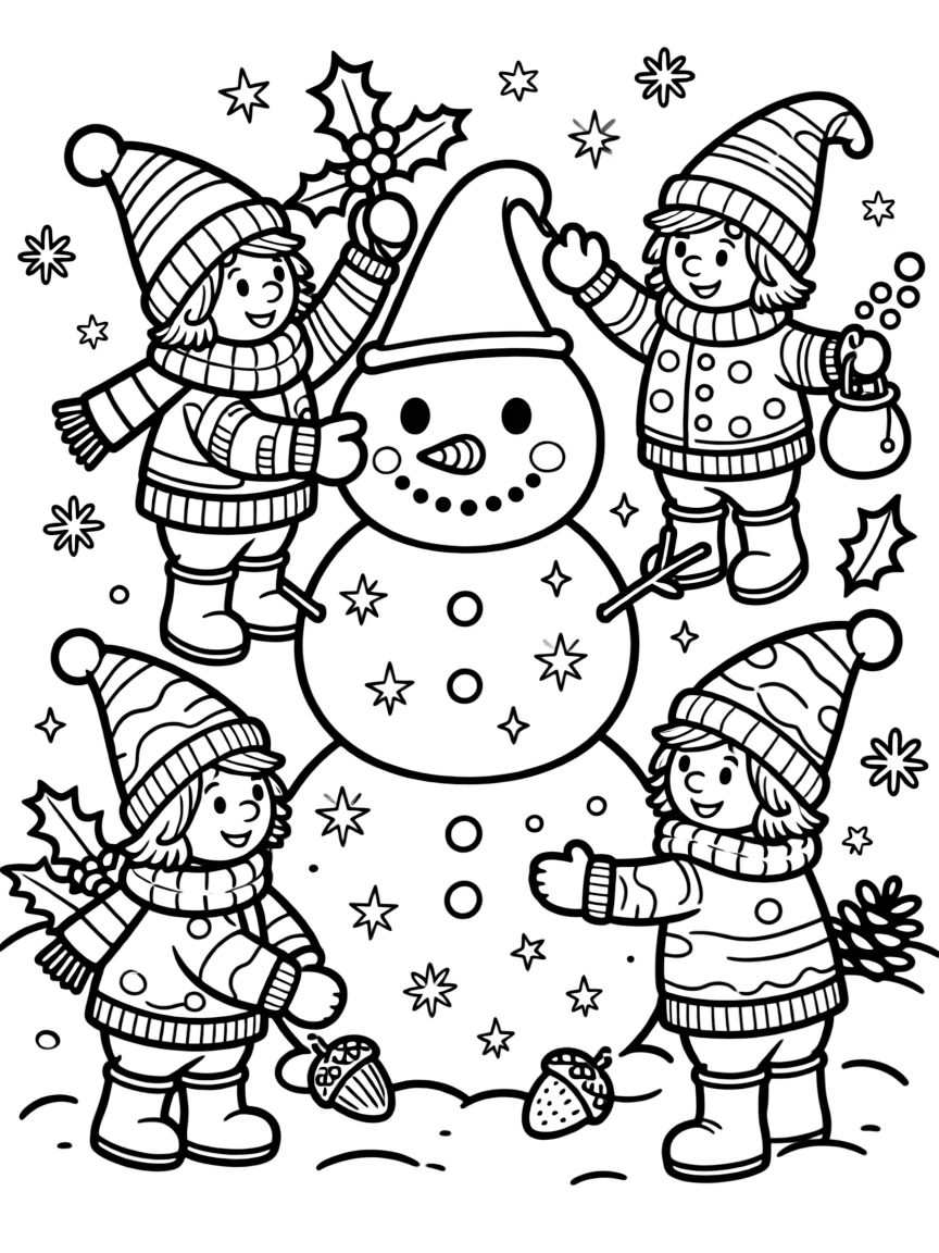 A group of gnomes build a snowman using magic snow that sparkles and never melts, decorating it with holly and acorns.